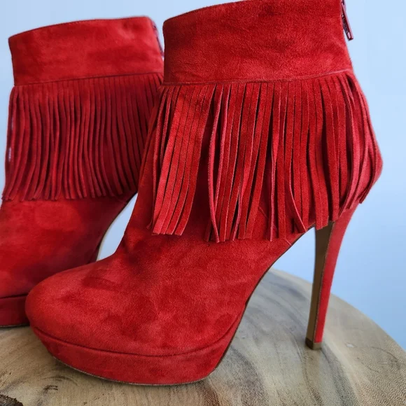 Charles David Lula Fringe Trim Suede Bootie Red Ankle Boot High Heels Size 7 - Picture 3 of 16